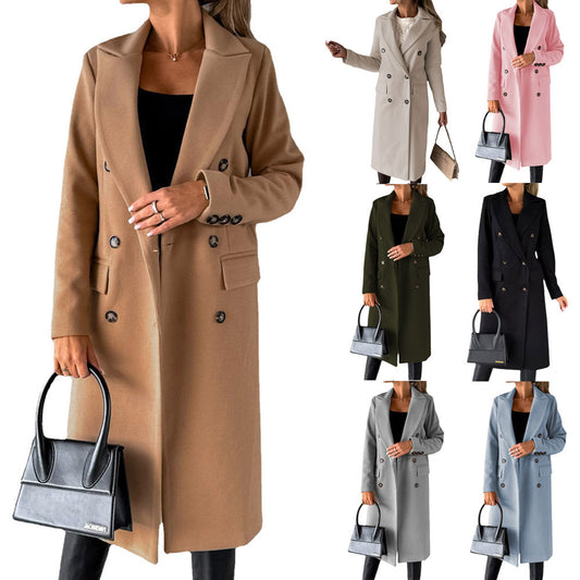 Double Breasted Lapel Coat Winter Fashion Solid Slim Long Jacket Long Sleeve Tops Womens Clothing