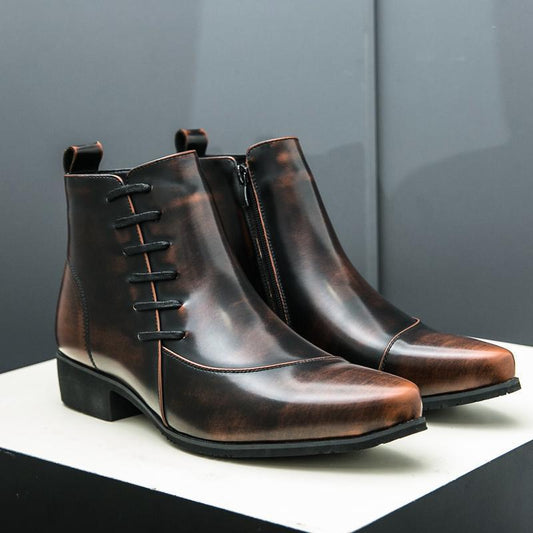 Large Size High-top Shoes Side Zipper Color Matching Leather Shoes Men's British Style